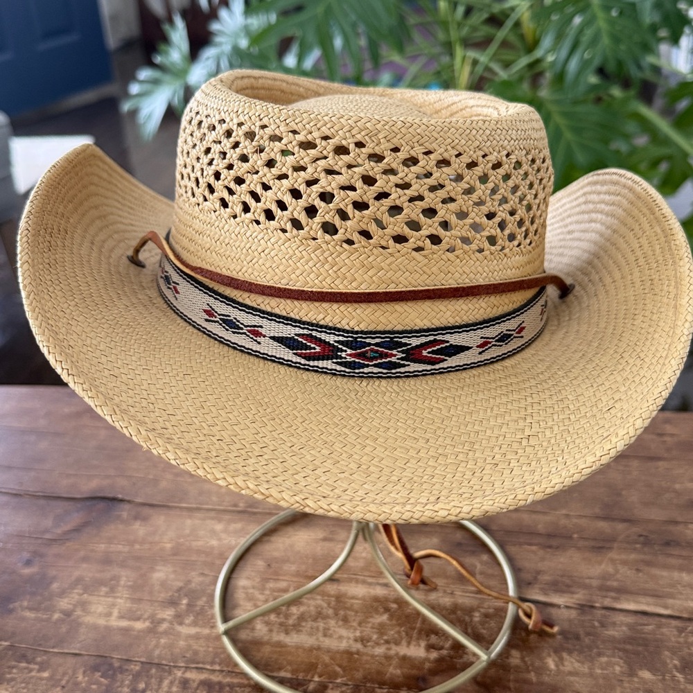 Vintage Carlton Oaks Country Club Straw Cowboy Hat Aztec Leather Band Ties - M/L - Picture 4 of 10